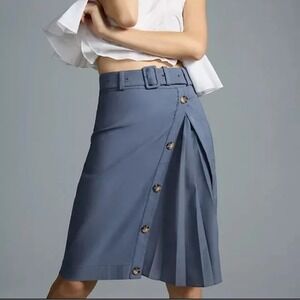 Anthropologie womens 10‎ Pleated Belted Button Front Skirt A Line Knee Length